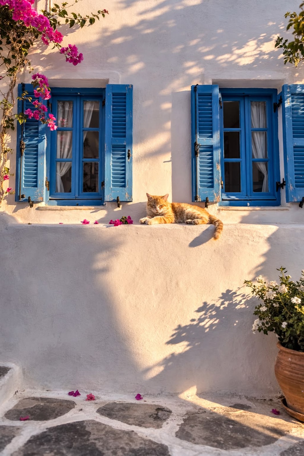 Katze auf einer Mauer vor blauen Fensterläden auf Zypern